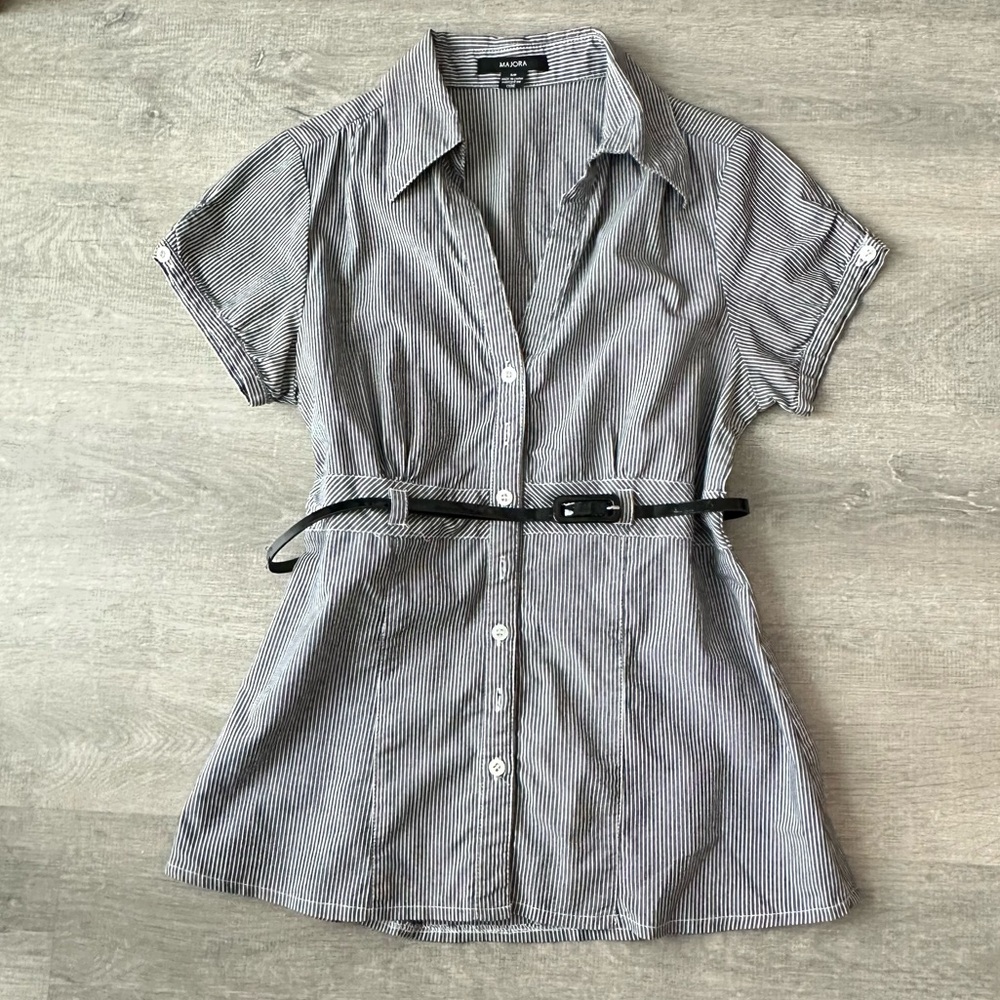 Majora Black & White Shirt with Slim Belt Y2K Preppy